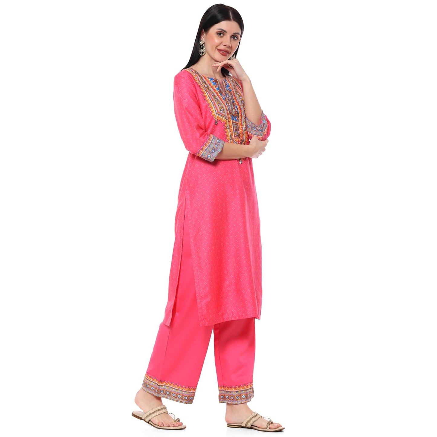 BIBA Women's Cotton PRINTED STRAIGHT KURTA SALWAR KURTA DUPATTA(SKDINDIE BOHO9454_FUCHSIA_38), Straight Fit, XL