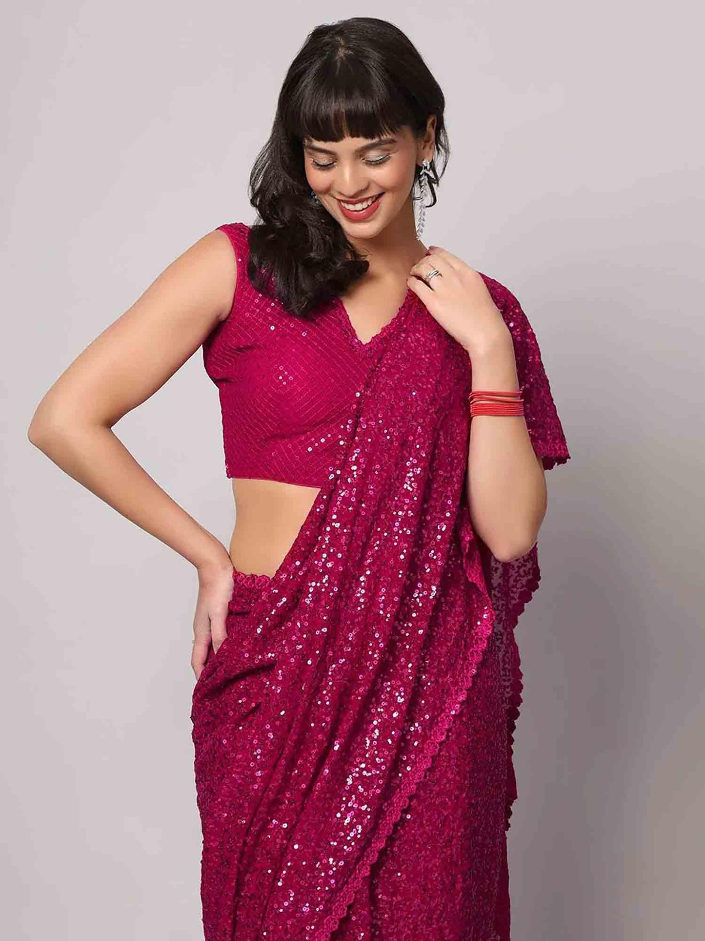 Zeel Clothing Women's Pink Sequins Work Heavy Georgette Saree with Blouse (1003-Hot-Pink-Sequins-Party-Saree-New, Hot Pink)