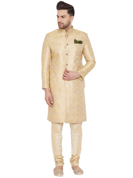 VASTRAMAY Men's Gold Beige Silk Blend Sherwani Set - Brocade Sherwani And Pyjama Set