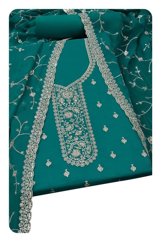 Soch Womens Teal Chinon Embroidered Unstitch Dress Material With Sequins