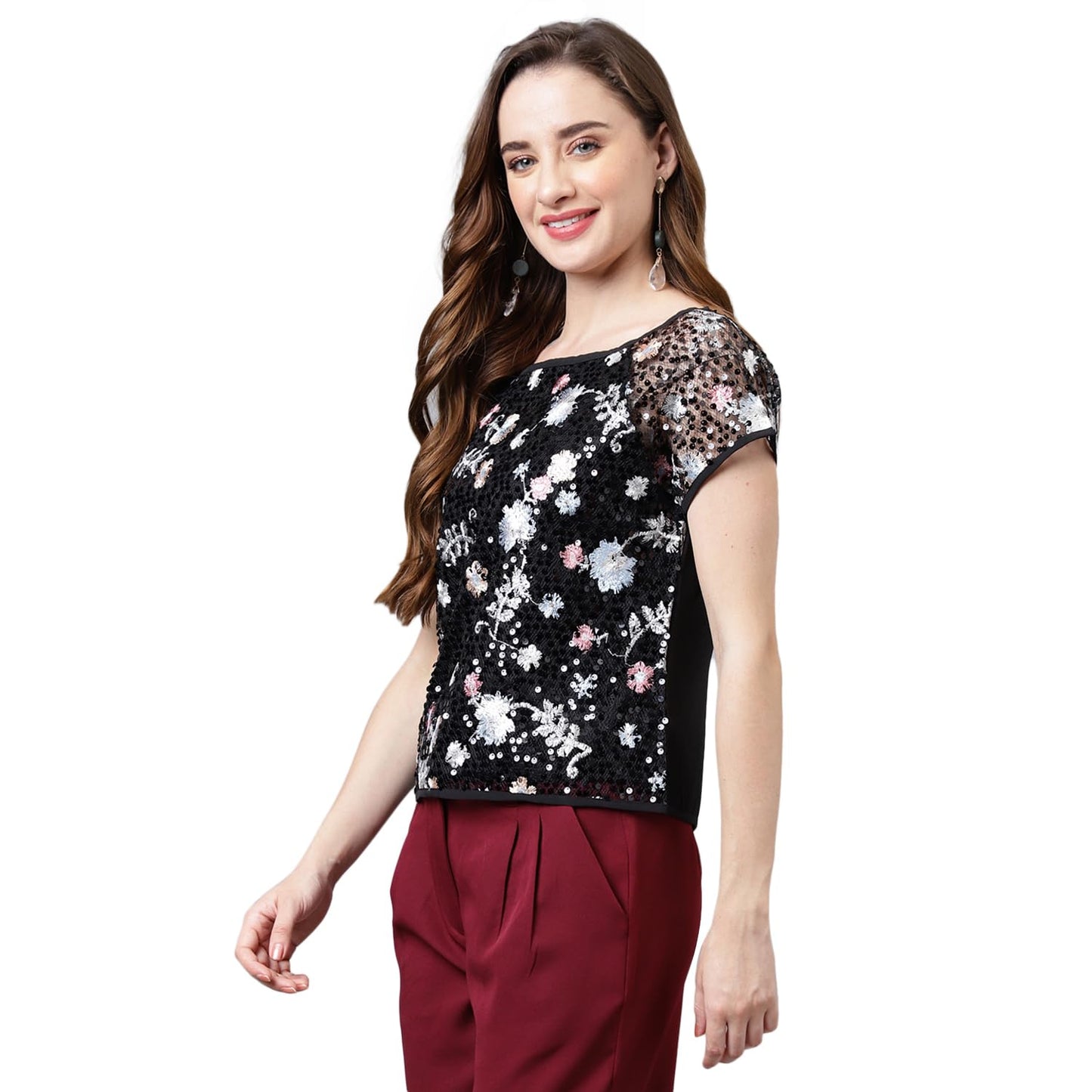 Latin Quarters Women's Black Cap Sleeve Solid Blouse_L