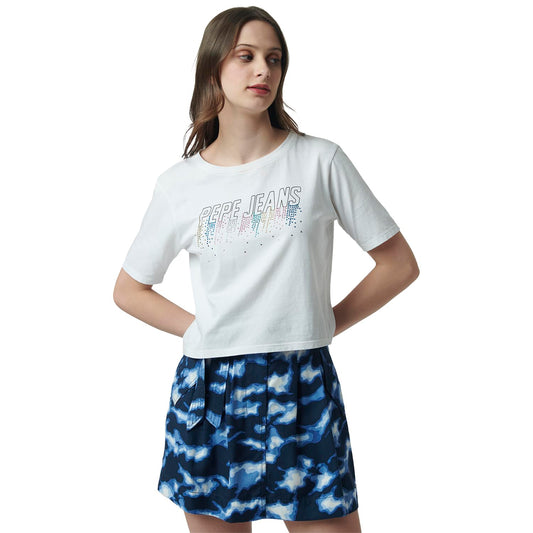 Pepe Jeans Embellished Cotton Round Neck Women's T-Shirt (White, Medium)