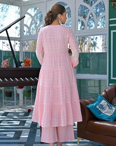 AVYUKTHA | Women Ethnic Motifs Embroidered Empire Kurta Set with Trors & Dupatta | Thread Work Fit Ethnic for Women | Pink, Size- S