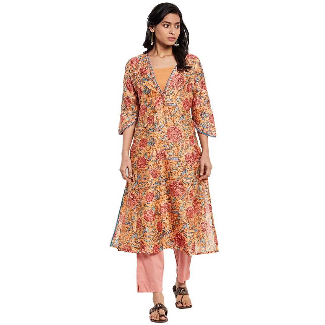 Fabindia Women Silk Printed Long Kurta Cotton_M Pink