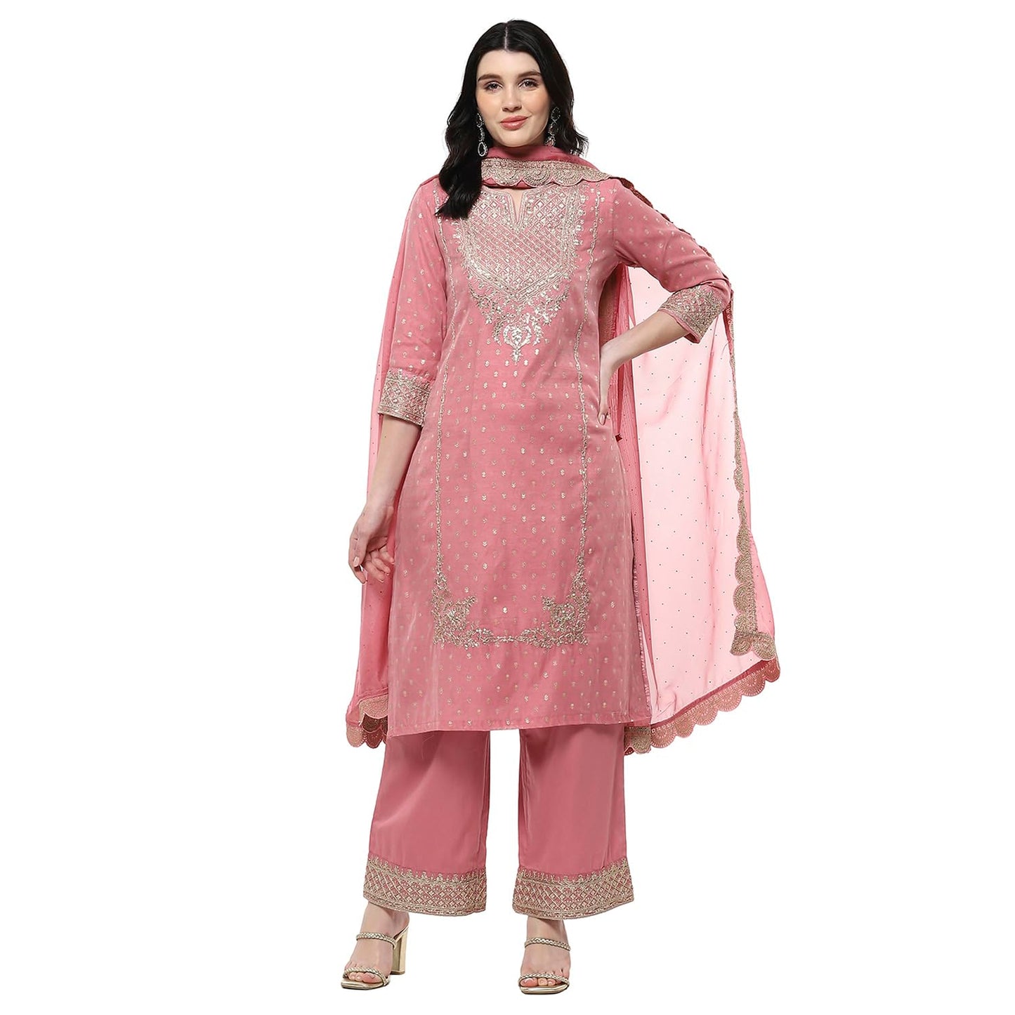 Biba Women's Polyester Kurta Set (SKDMEWAR10866SS25POWPNK_Powder Pink