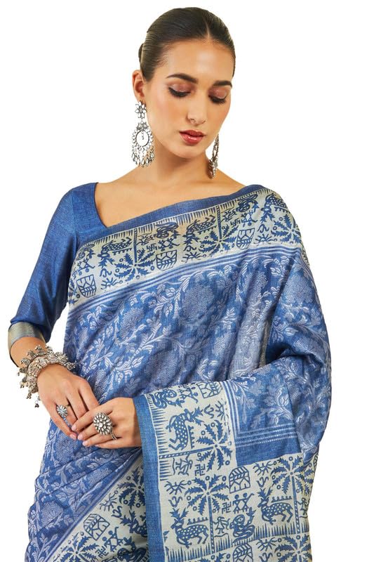 Soch Womens Indigo Tussar Silk Saree With Tribal Print And Zari Woven Saree