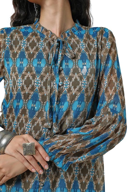 Soch Womens Olive Tie-Up Neck Printed A Line Chiffon Tunic