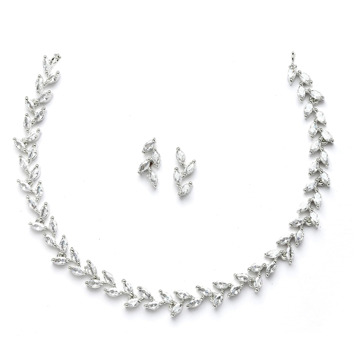 ZENEME Womens Rhodium-Plated with Silver-Toned Leaf Design White American Diamond Studded Jewellery Set (White)