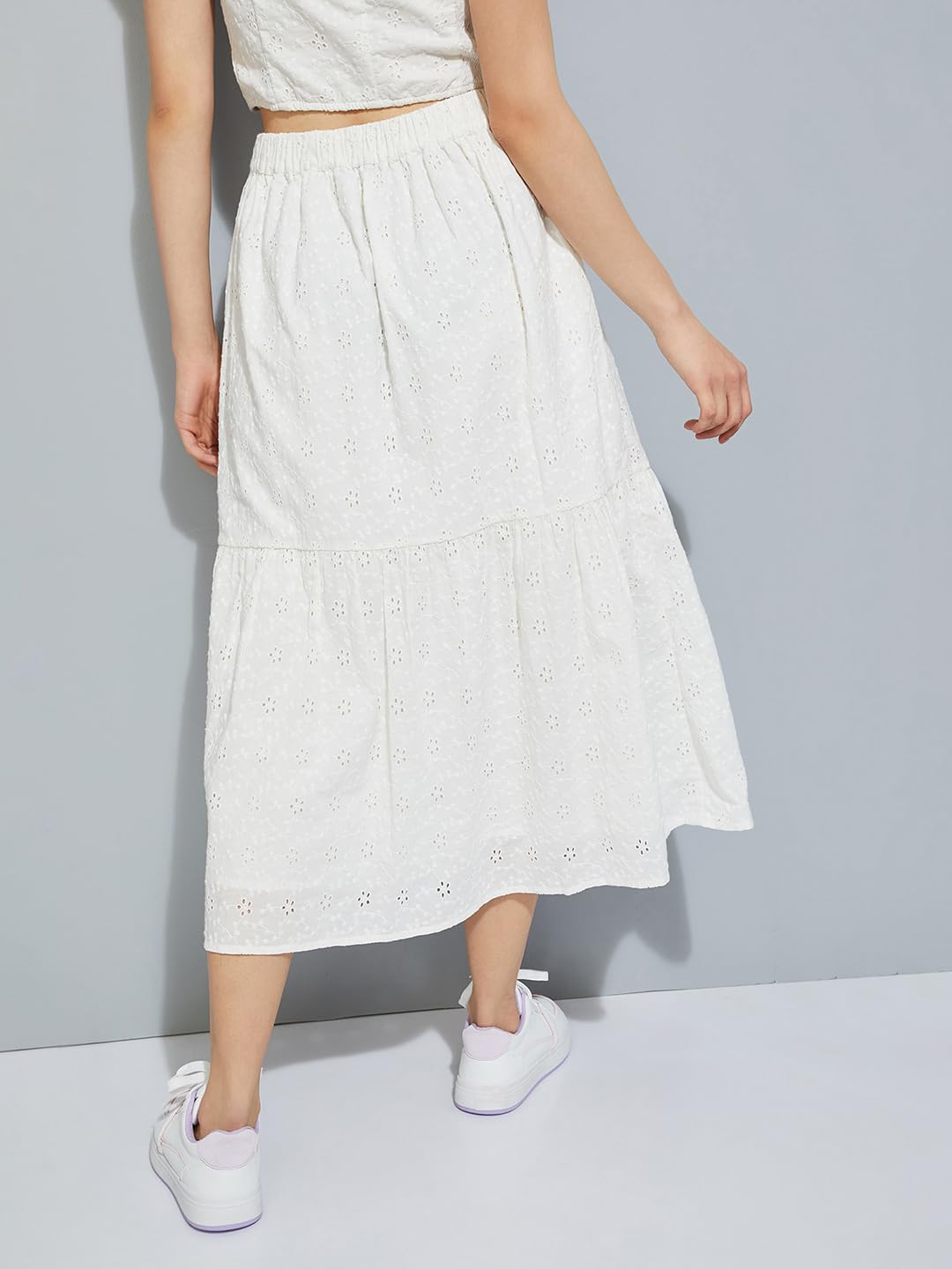 Max Cotton URB_N Women Schiffli Midi Skirt (VIVA06IVORY)_S, Small