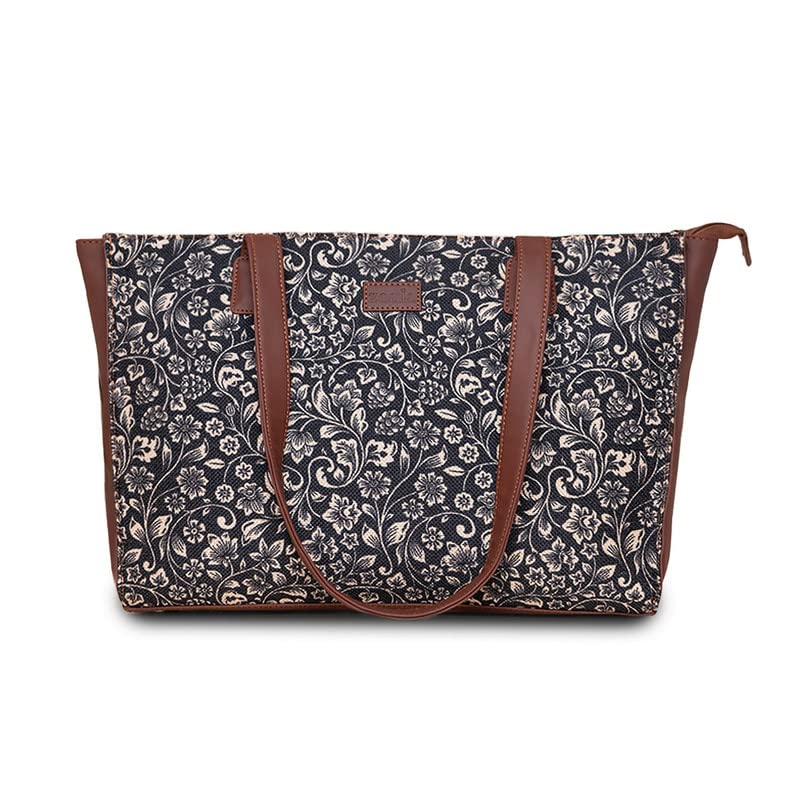 ZOUK FloMotif Floral Printed Jute Handcrafted Vegan Leather Women's Black Structured Tote Bag Contemporary