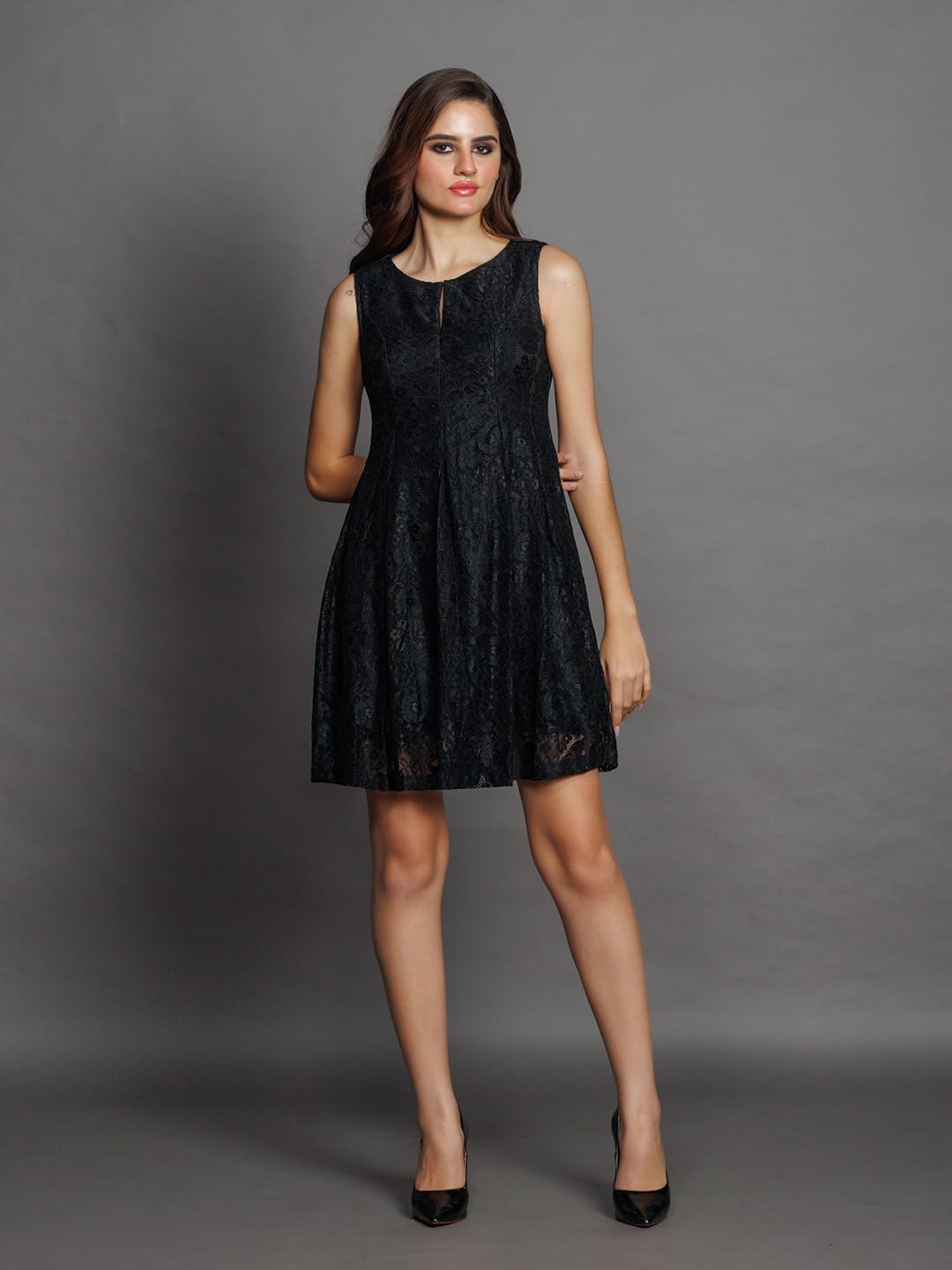 Zink London Women's Black Lace Flared Short Dress