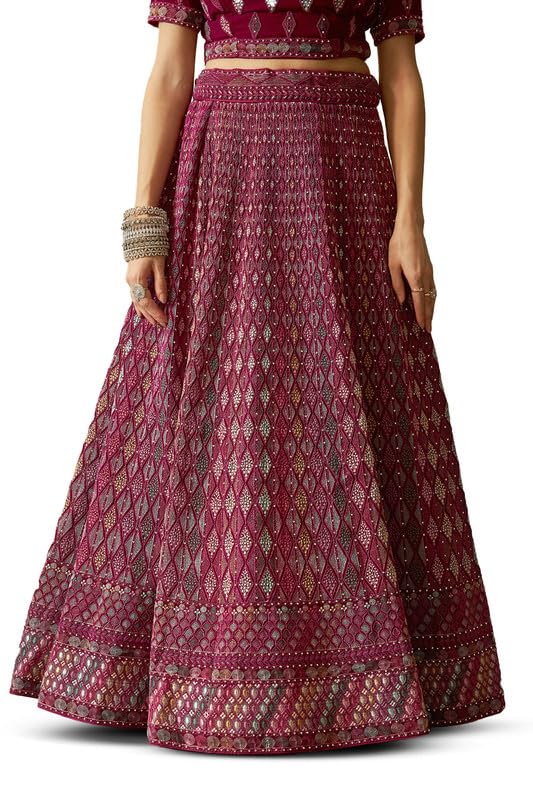 Soch Womens Wine Georgette Embroidered Unstitched Lehenga Set with Stone Embellishments