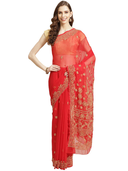 Ada Hand Embroidered Women's Faux Georgette Lucknow Chikankari Saree with Unstitched Blouse Piece A311193 Red