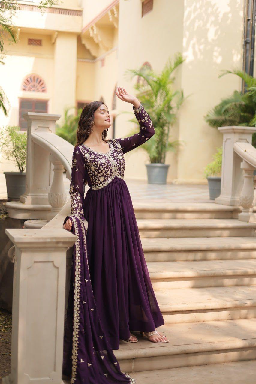 Mehervaa by vinni Women's Purple Embroidered Anarkali Suit Set with Dupatta, Gold Zari Work, Long Sleeve Ethnic Gown (in, Alpha, L, Regular)