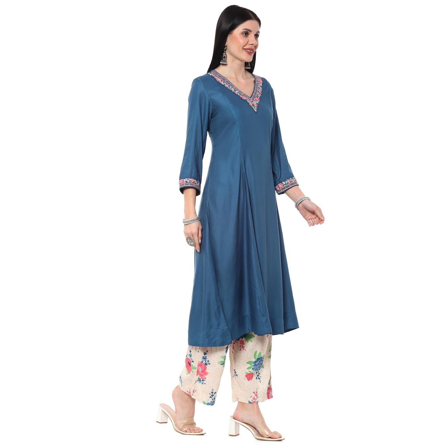 BIBA Women YARNDYED KALIDAR SALWAR KURTA DUPATTA(SKDKIAARA9445_TEAL_38)