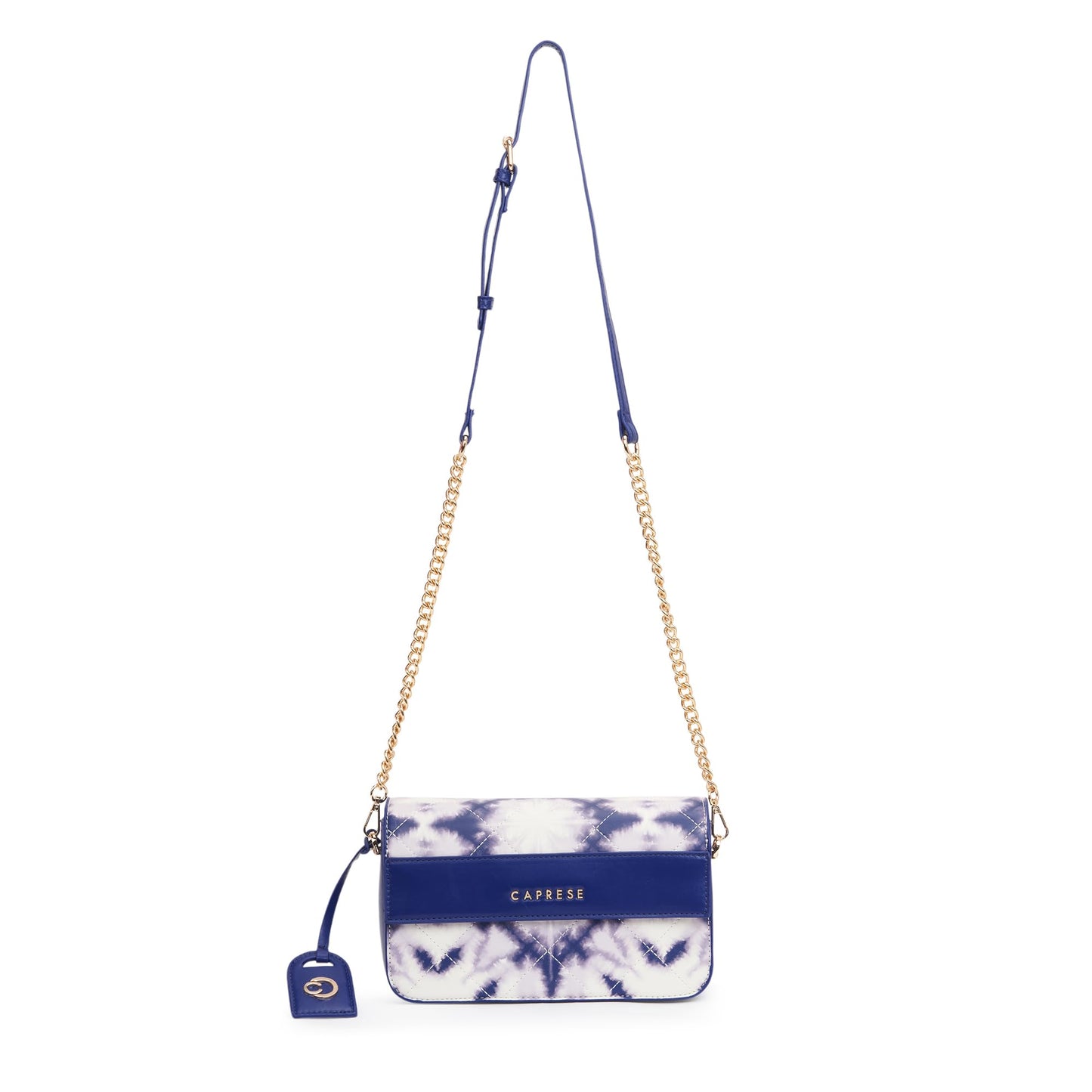 Caprese Shibori Medium Sling Bag for Women with Adjustable & Detachable Strap | Printed Faux Leather Shoulder Bag with Multi-Compartments | Zipper & Magnetic Button | Detachable Charm (Blue)