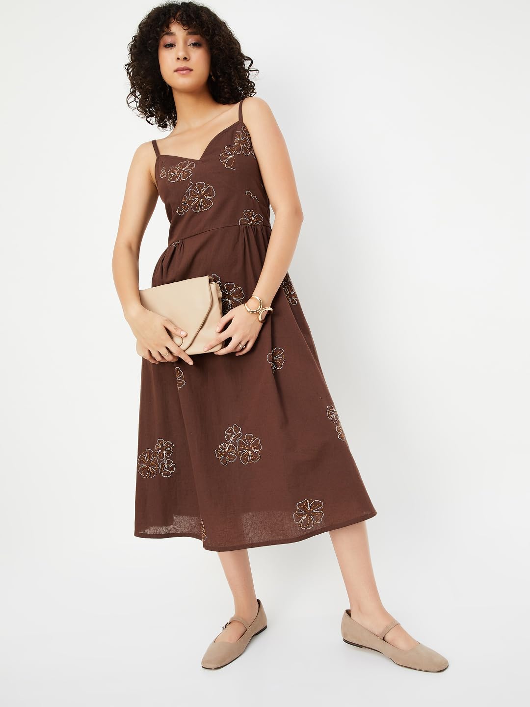 Max Women's Cotton A-Line Midi Casual Dress (EE54001_Dark Brown