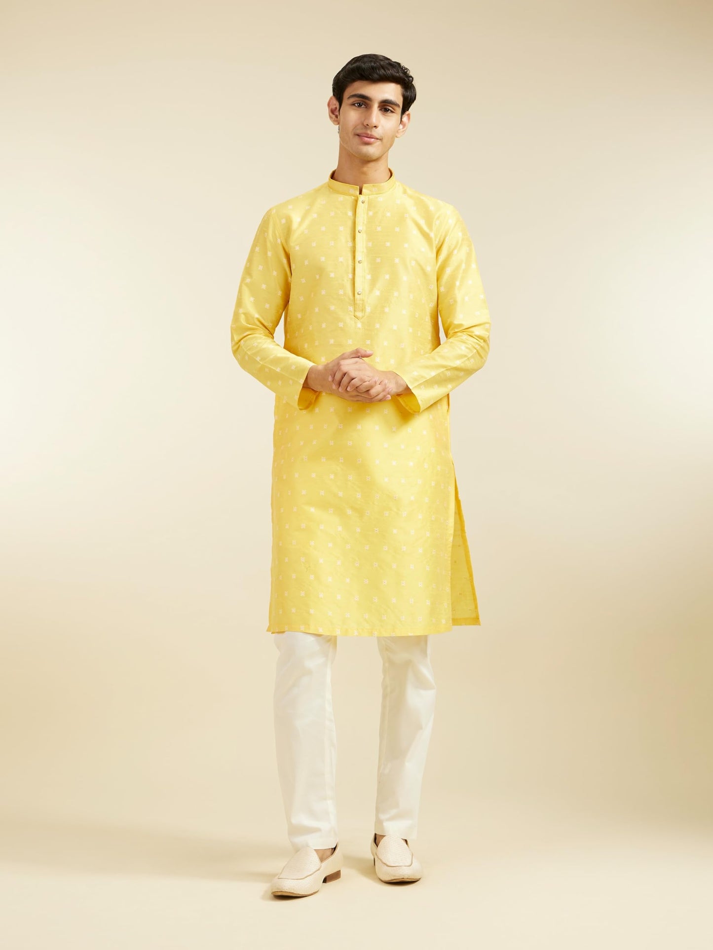 DIWAS BY MANYAVAR Men's Art Silk Jacquard Weave Kurta (Yellow,XL)
