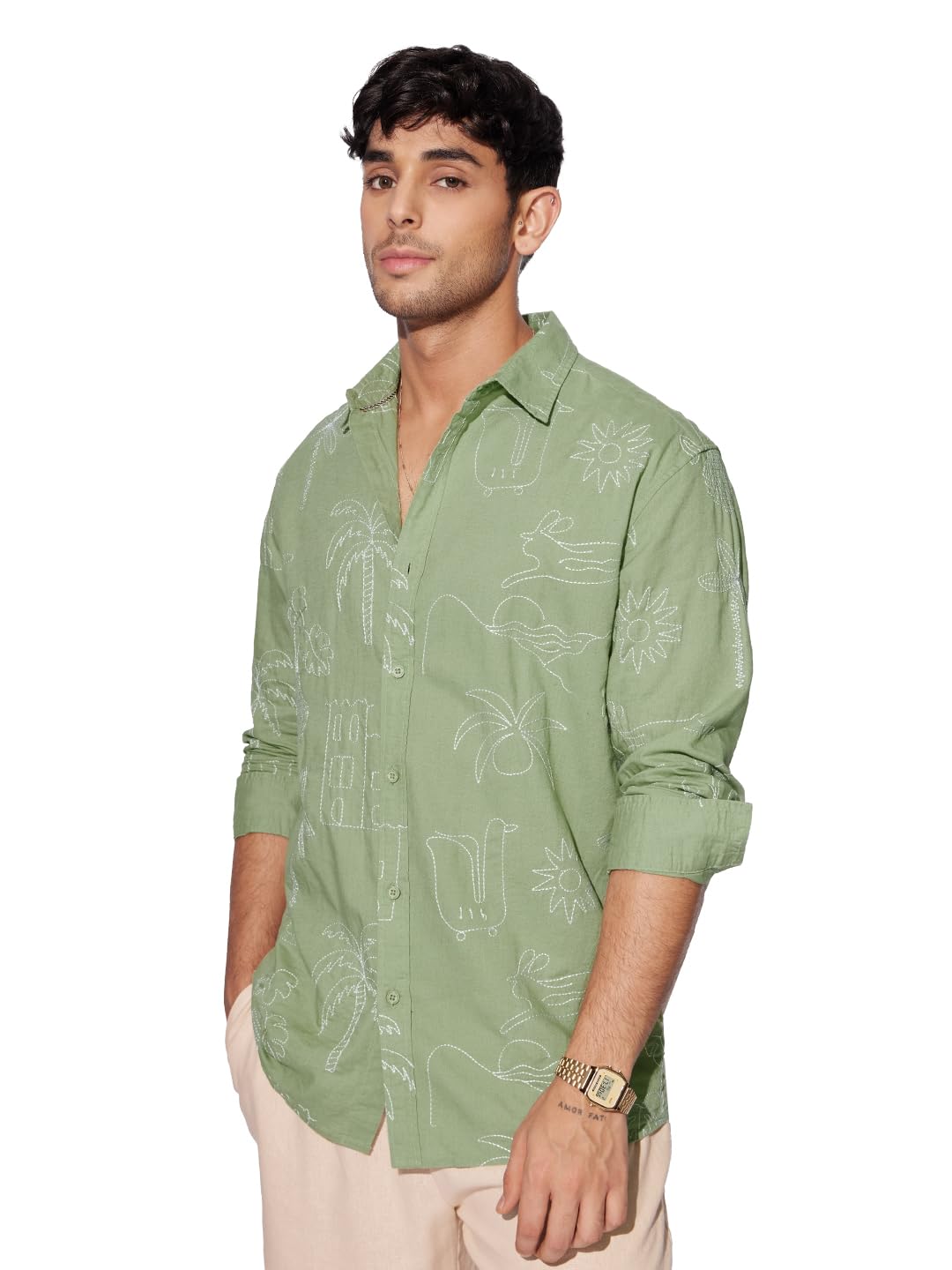 The Souled Store Summer Vibe Men and Boys Long Sleeves Collared Neck Button Front Green Embroidered Regular Fit Cotton Linen Shirts