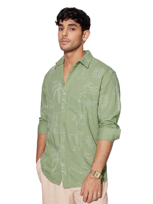 The Souled Store Summer Vibe Men and Boys Long Sleeves Collared Neck Button Front Green Embroidered Regular Fit Cotton Linen Shirts