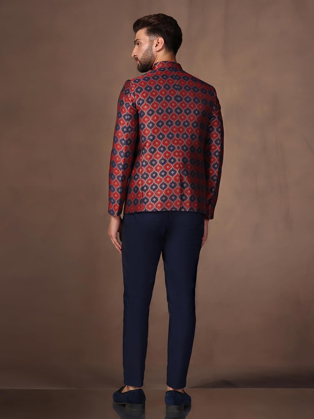 KISAH Mens Jodhpuri Bandhgala Trouser Set Silk Blend Jacquard, Ethnic Wear for Men, Maroon, 40