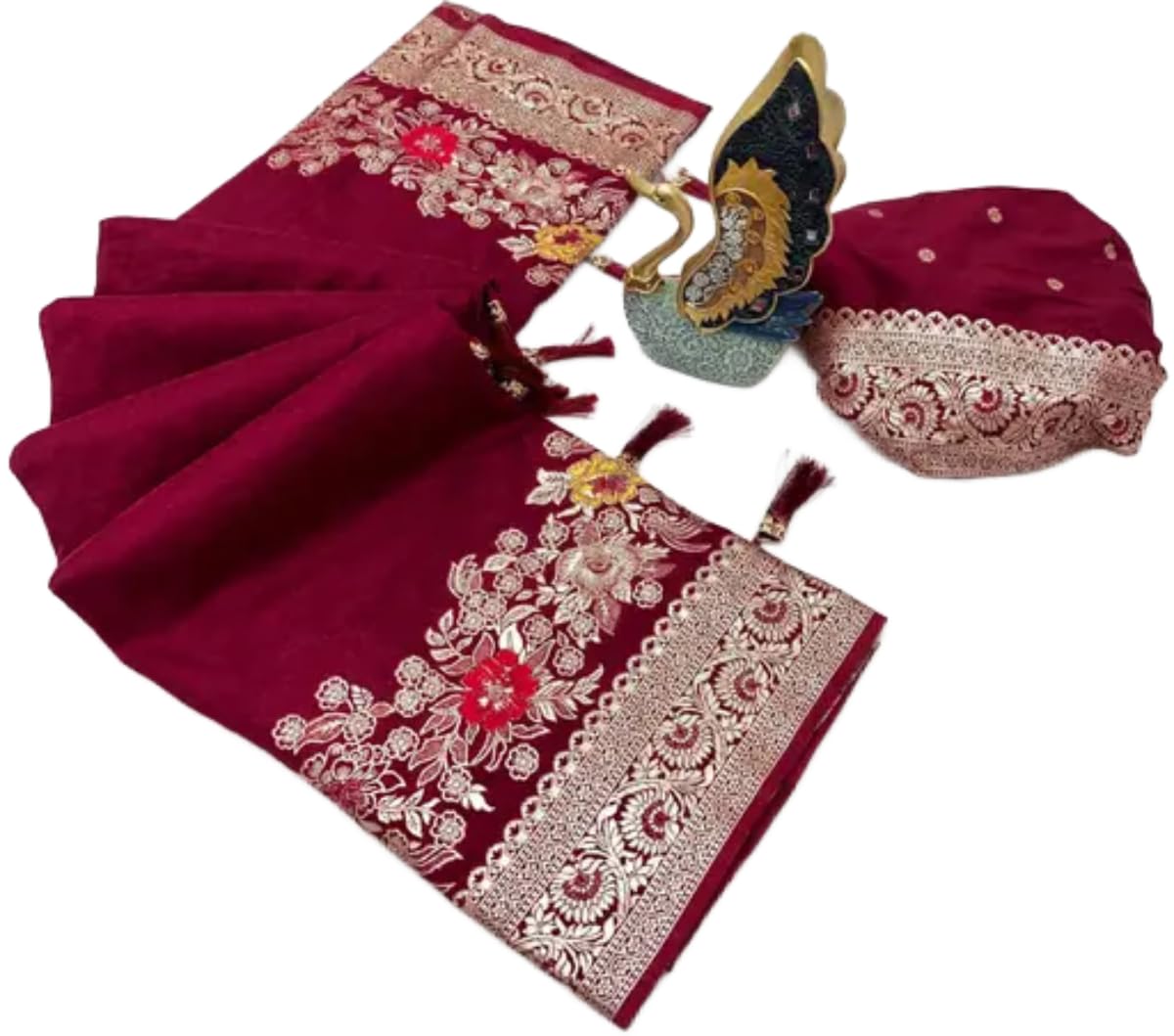 SWORNOF Womens Kanjivaram Silk Saree with Zari Woven Saree With Blouse Piece (MAROON)