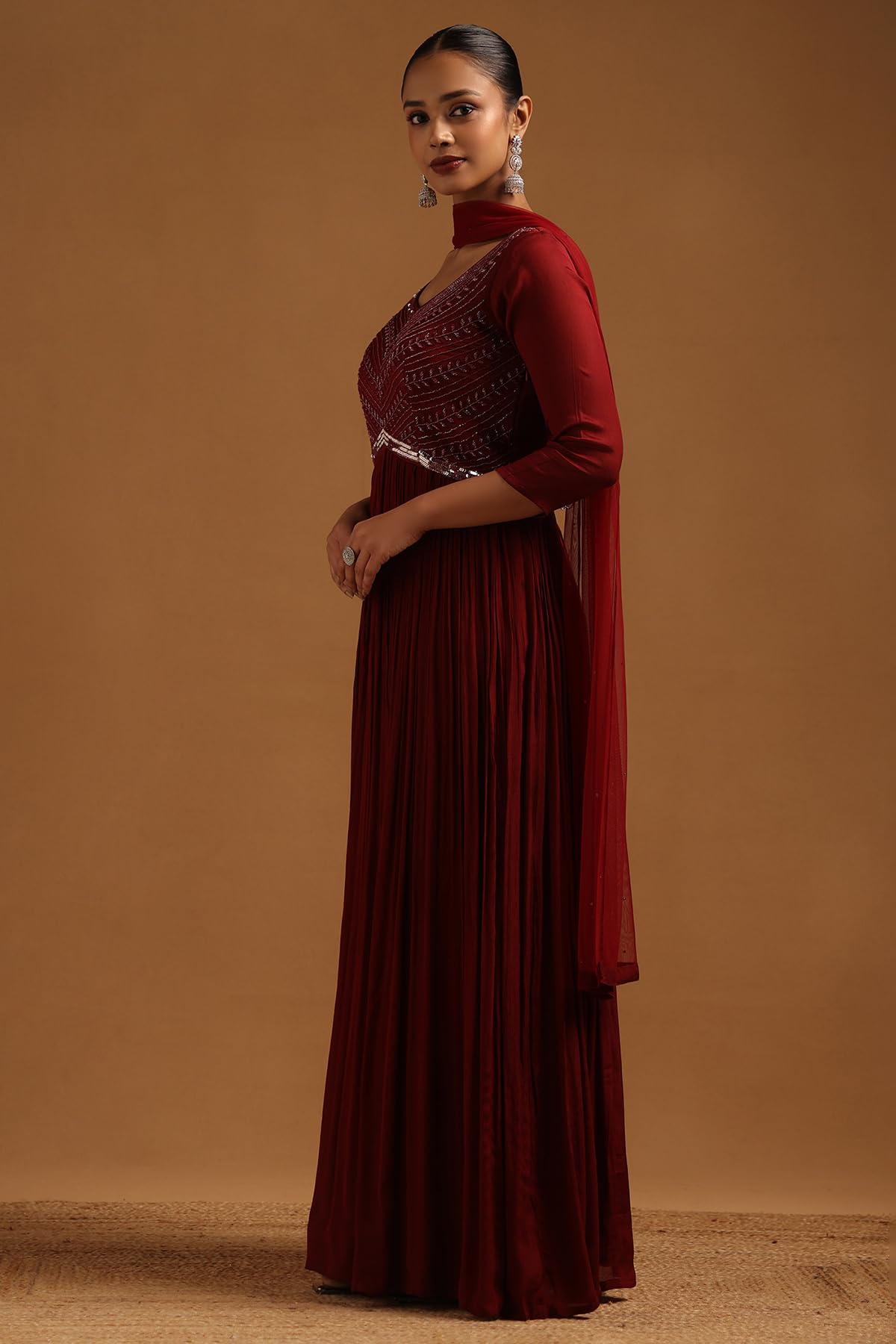 Soch Womens Maroon Chinon Embellished Gown with Cutdana