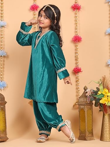 superminis Girls Velvet Lace Work Kurti Duppata and Matching Afgani Ethnic Wear Set (7-8 Years, Green)