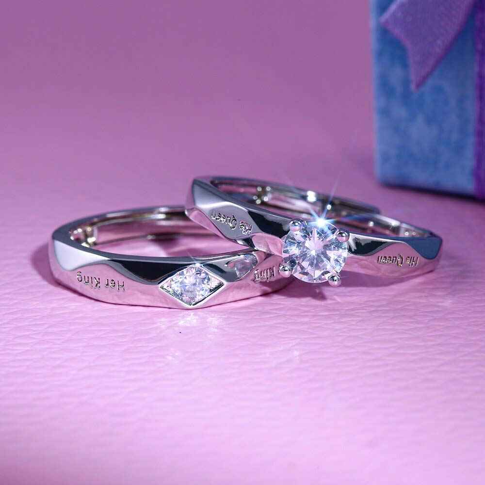 Fashion Frill Romantic Her King Her Queen Ring Crystal Silver Plated Stainless Steel Couple Ring For Women Girls Men Boys