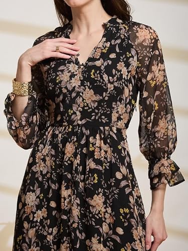 Latin Quarters Women's Black Printed V-Neck 3/4Th Sleeve Casual Fit & Flare Dress_M