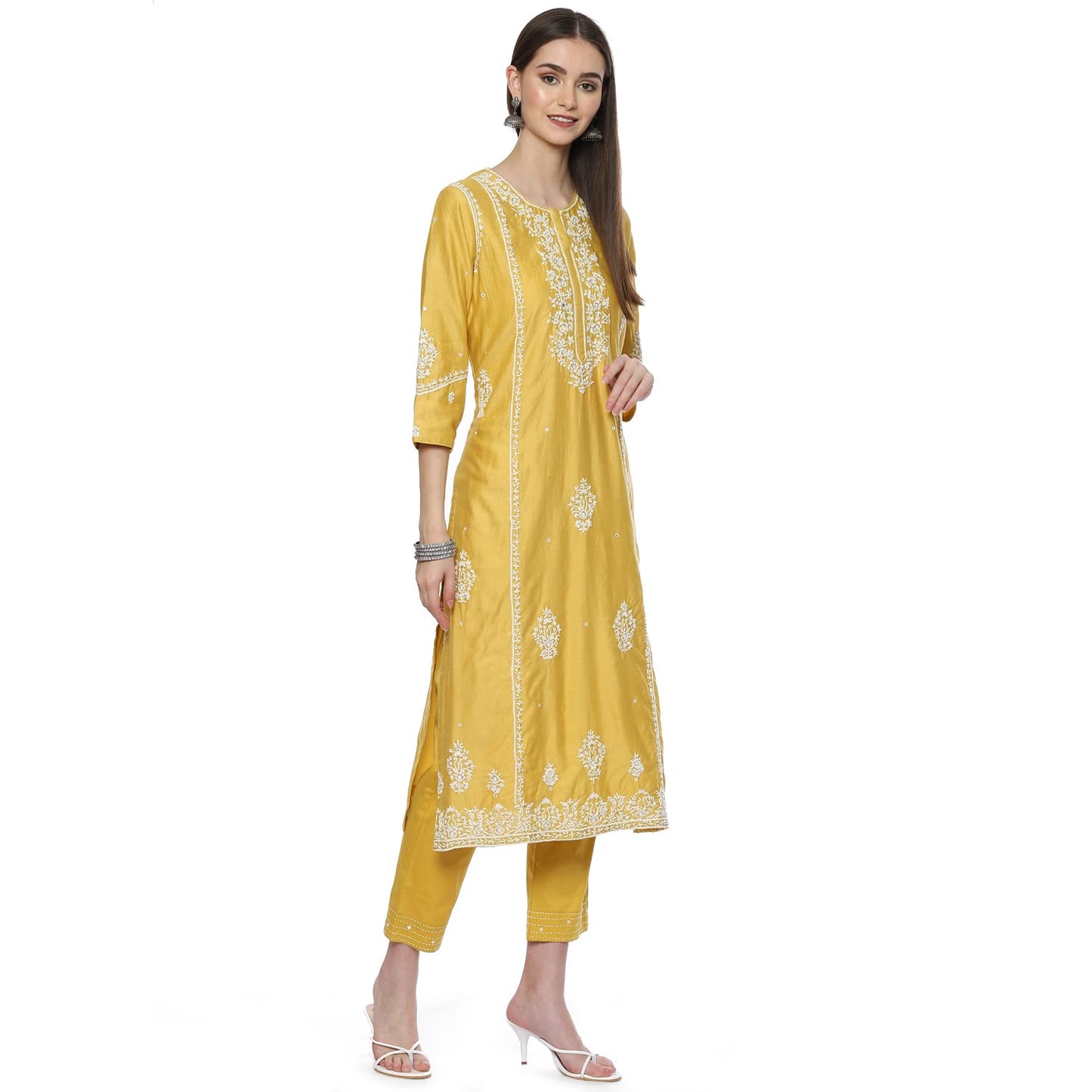 BIBA WOMEN EMBROIDERY NARROW SALWAR KURTA DUPATTA(SKDCHIKANKA8152_YELLOW_36)