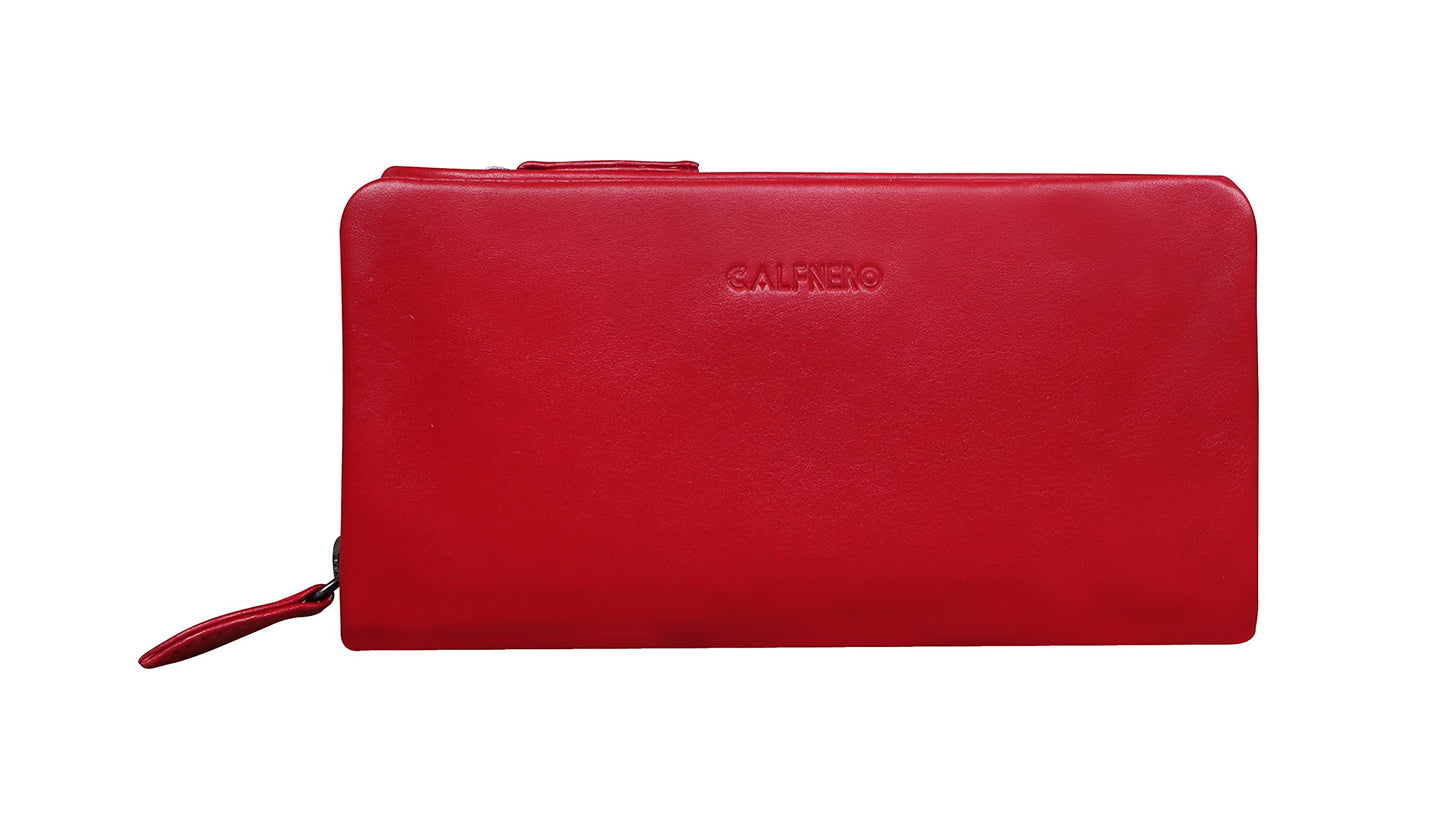Calfnero Women's Genuine Leather Wallet-Long Purse Wallet with Multiple Card Slots, Zip Pocket and Note Compartments (Red)