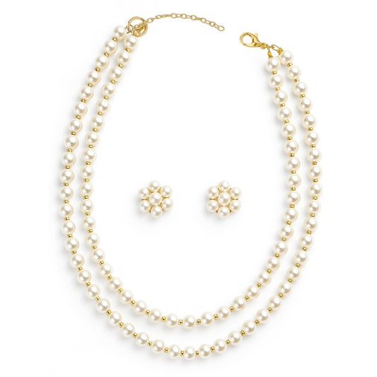 PRAO Multilayer Pearl Necklace Set For Women With Pearl Earrings | Stylish White Pearl Jewellery Set for Women & Girls | For Wedding, Party, Engagement | Latest