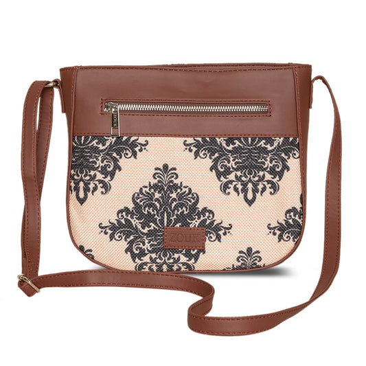 ZOUK Women's Handcrafted Cream Mughal Motif Printed U Shaped Sling Bag