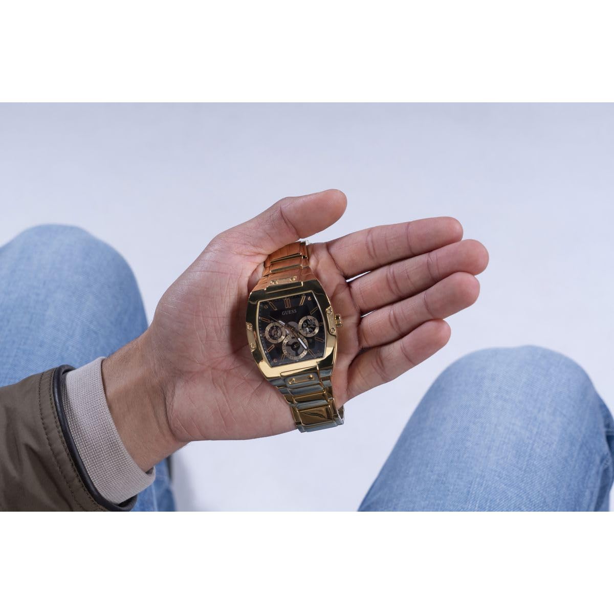 GUESS Stainless Steel Phoenix Collection Analog Black Dial Men Watch-Gw0456G1, Gold Band