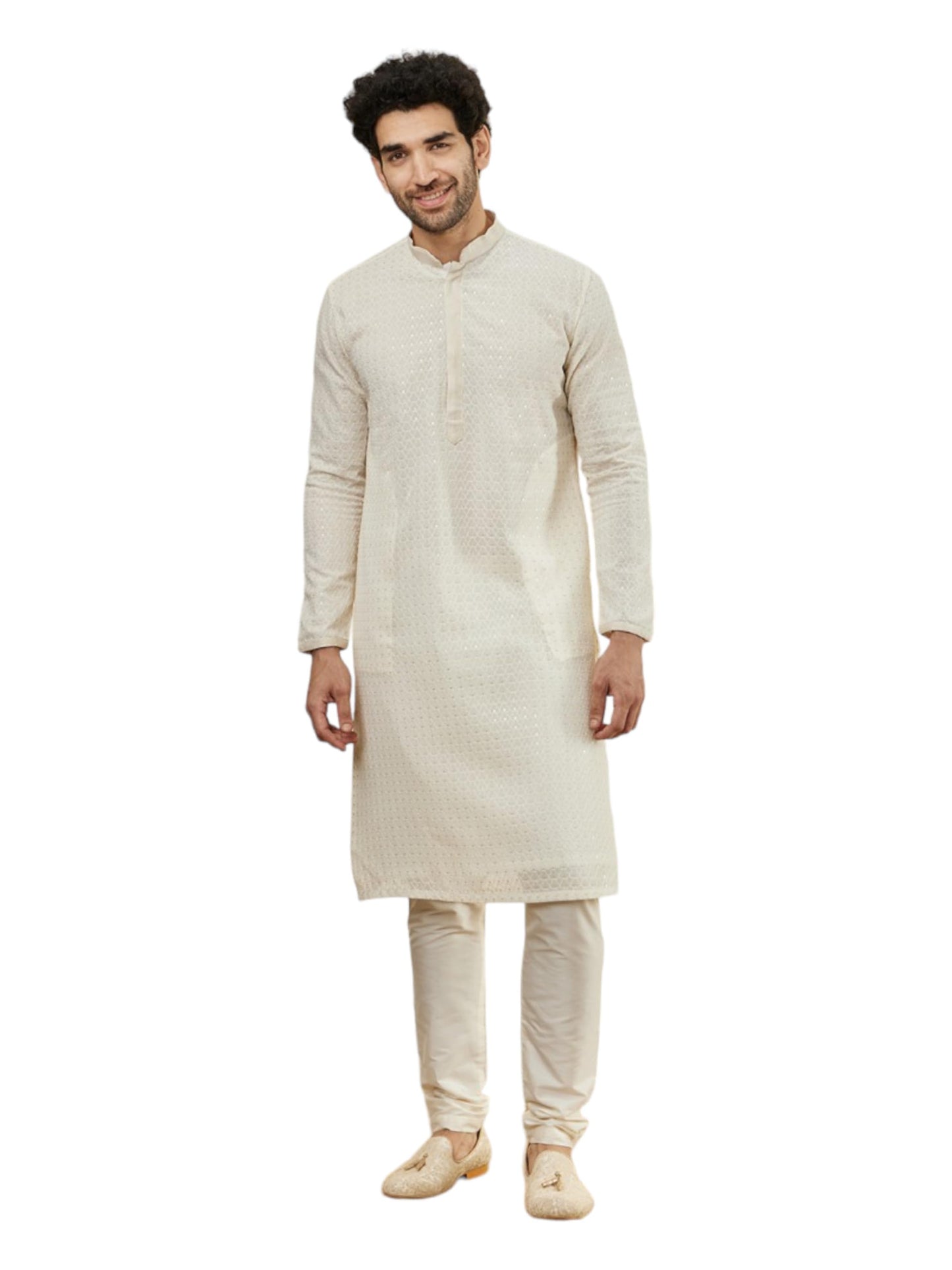 Manyavar Mens Cream Georgette Kurta Pyjama Set
