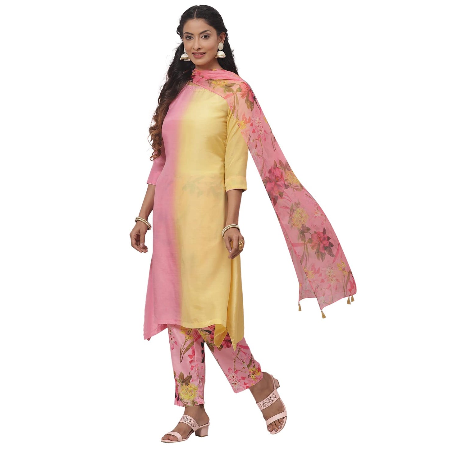 BIBA WOMEN PRINTED NARROW SALWAR KURTA DUPATTA(SKDCANDY KU7888_YELLOW-PINK_40)