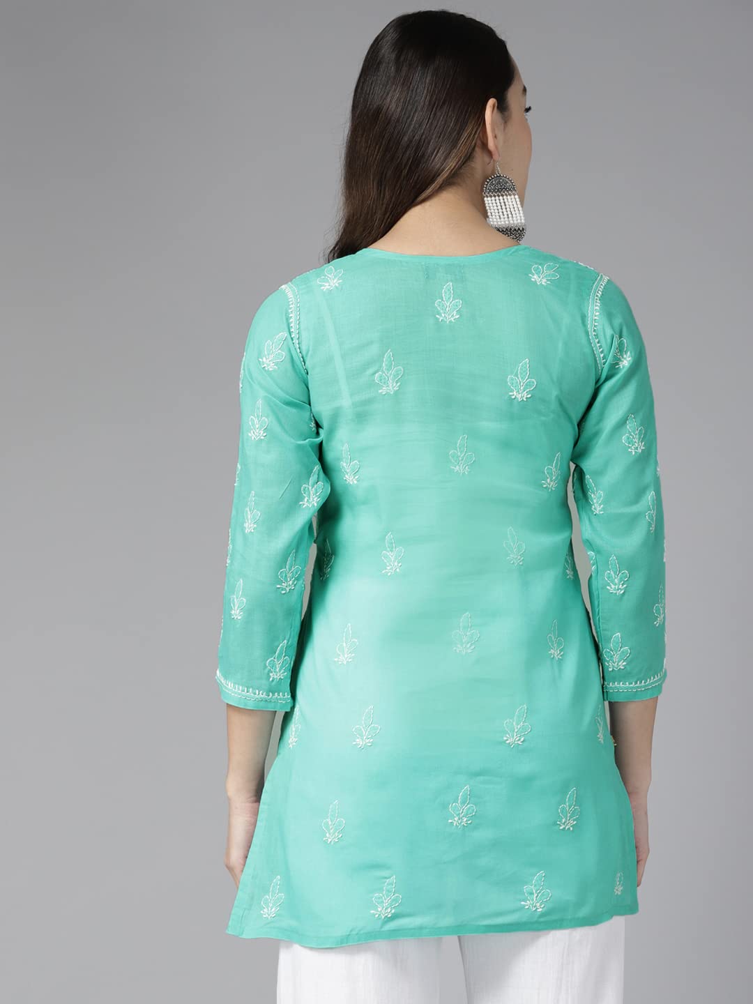 Ada Lucknowi Hand Embroidered Chikankari Sea Green Cotton Top Tunic Kurti for Women A911282 (XL)