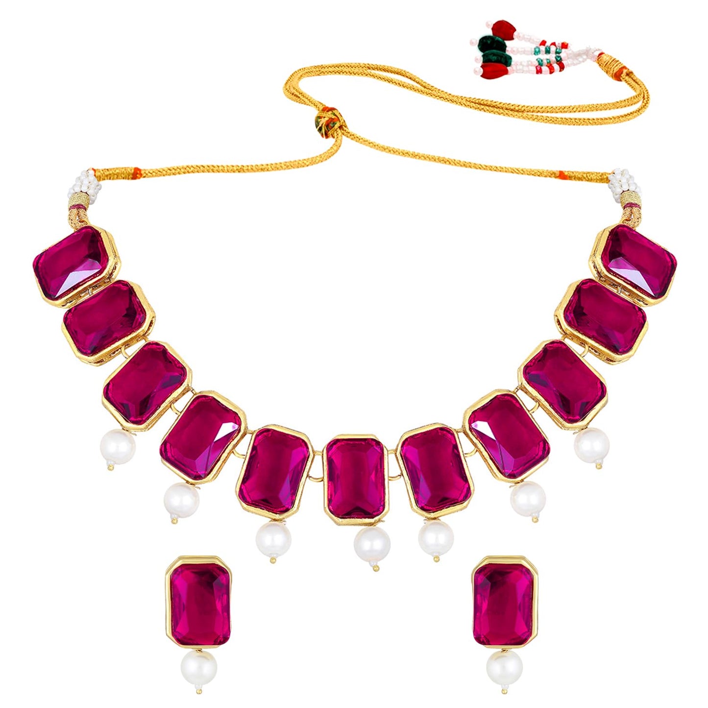 Peora Traditional Jewellery Rani Pink Crystal Pearl Necklace Earring Jewellery Set Gift for Women Girls Wedding