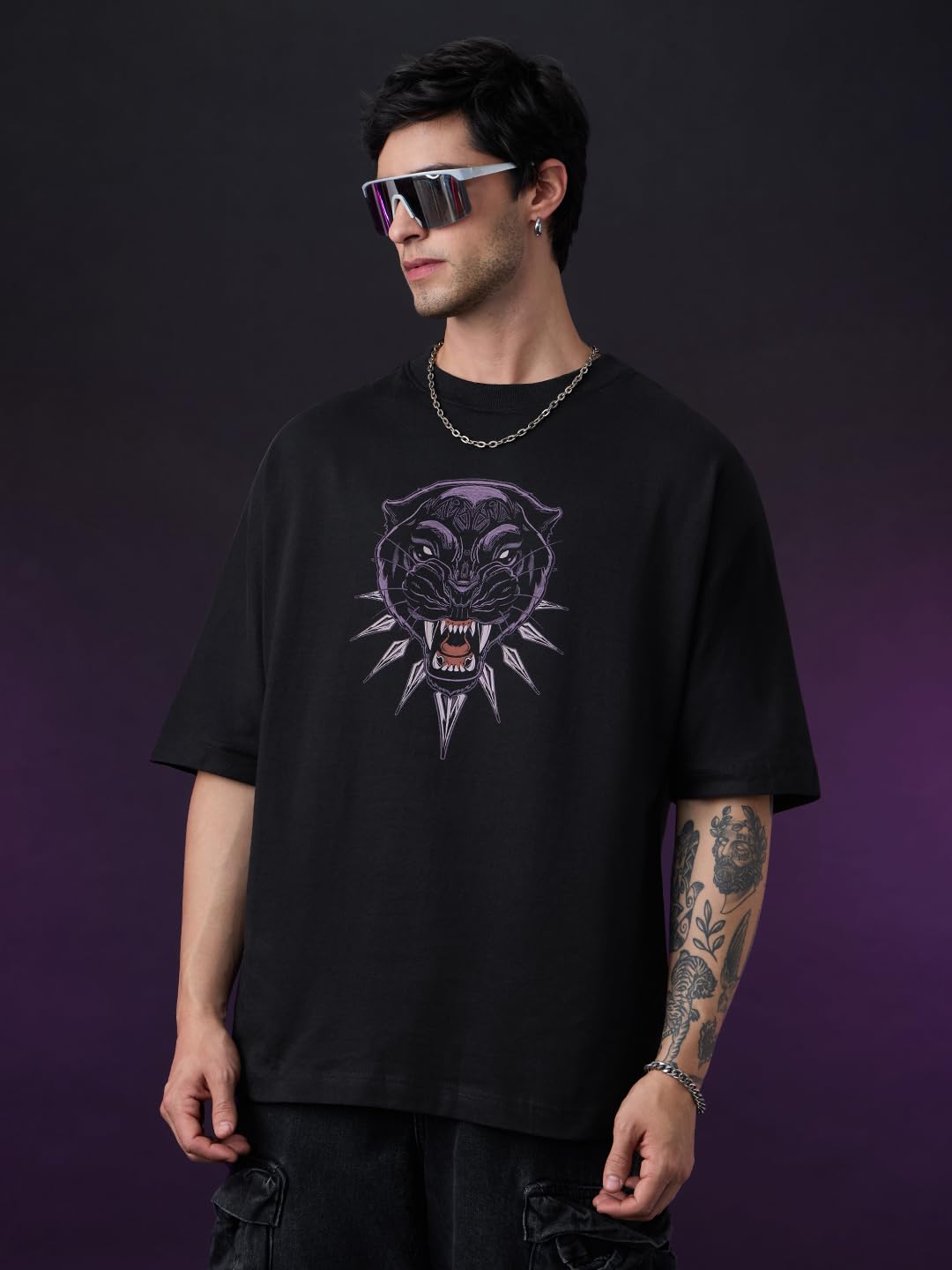 The Souled Store Black Panther: Royal Rule Men and Boys Short Sleeves Round Neck Black Graphic Printed Distressed Casual Streetwear Drop Shoulder Cotton Oversized T-Shirt