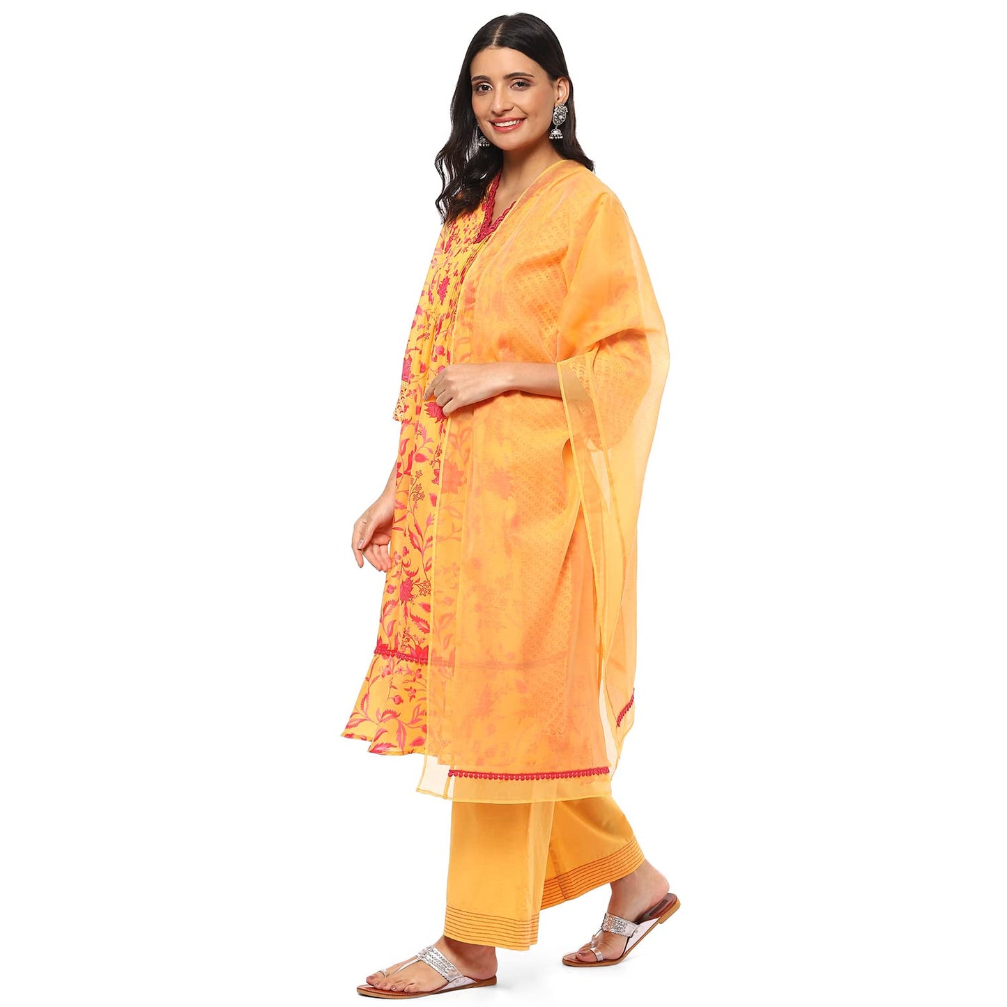 BIBA WOMEN PRINTED STRAIGHT SALWAR KURTA DUPATTA(SKDBLOOM8659_YELLOW_38)