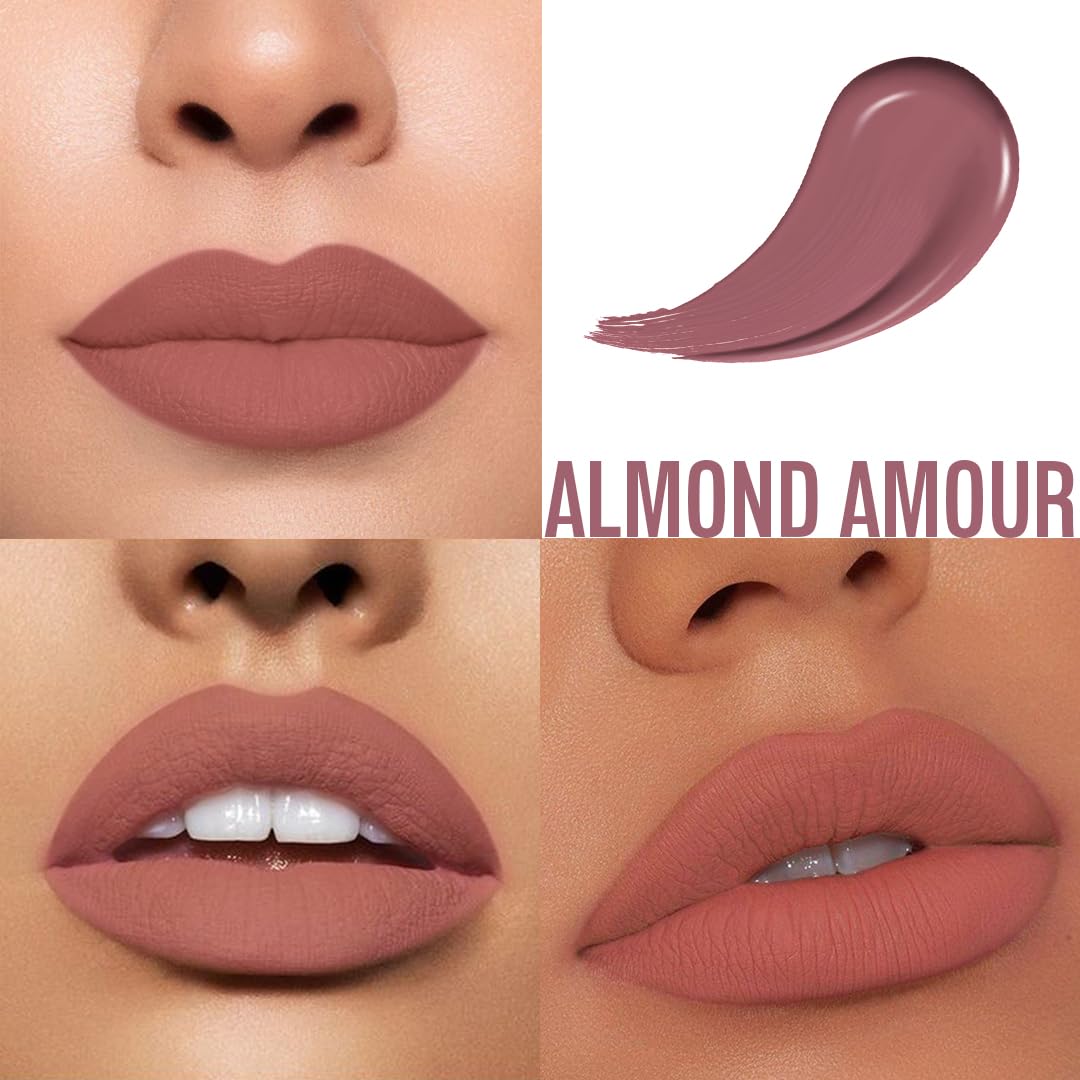 Charmacy Milano Stunning Longstay Liquid Lipstick (Almond Amour 03) - 5.6 ml, Velvet Intense Matte Finish, 12 Hours, Smudge Proof Lipstick, WaterProof Lipstick, KissProof, One Swatch Application