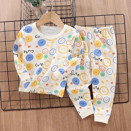 Bold N Elegant Full Sleeve Cotton Fun Cute Cartoon Print Colorful Tshirt & Pajama PJ Sleepwear Casual Clothing Set for Infant Toddler Baby Boy Girl Kids (1-2 Years, Off-White)