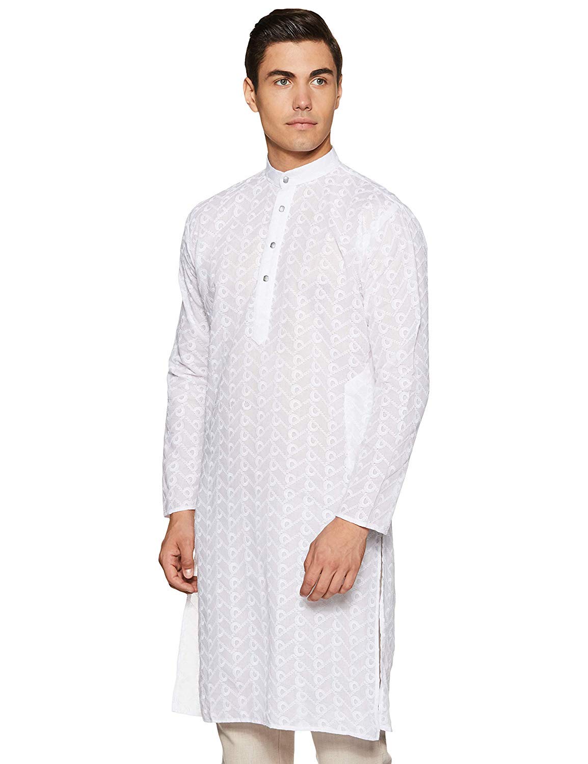 Royal Kurta Mens Chikan Embroidered Cotton Kurta White