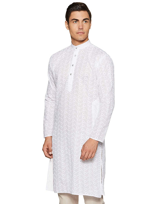Royal Kurta Mens Chikan Embroidered Cotton Kurta White