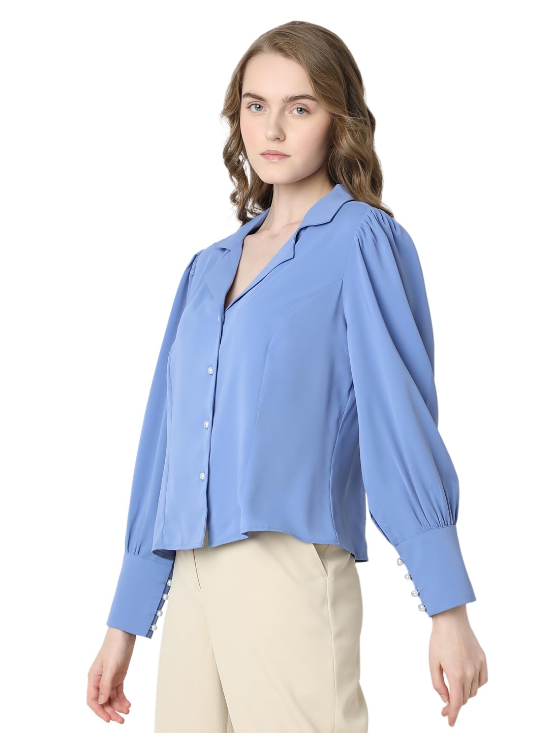 VERO MODA Women Solid Blue Polyester Regular Fit Shirt
