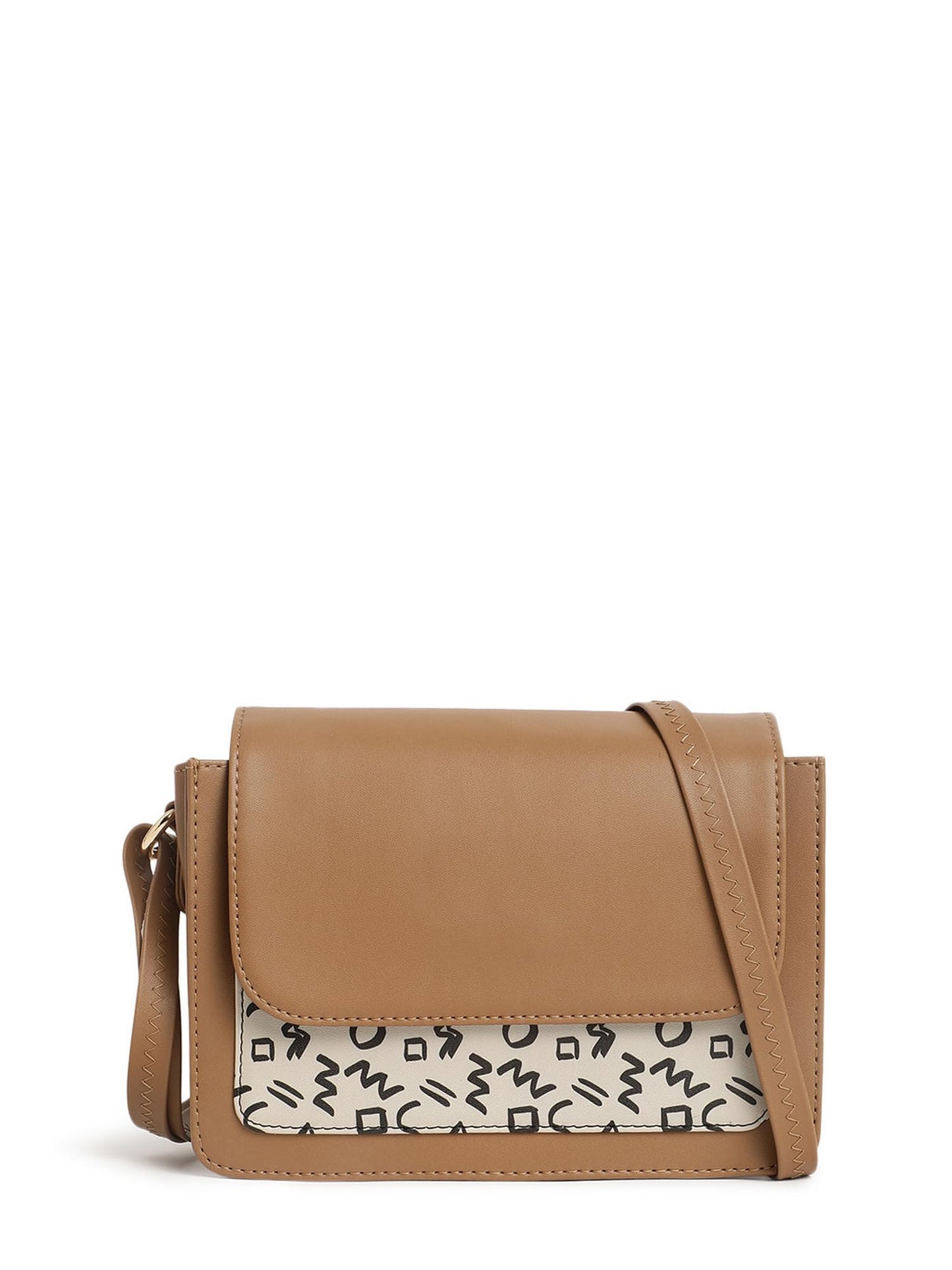 Fastrack Printed PU Structured Sling Bag for Women, Ladies and Girls | Sling Bag with Doodle Print and Button Closure Tan