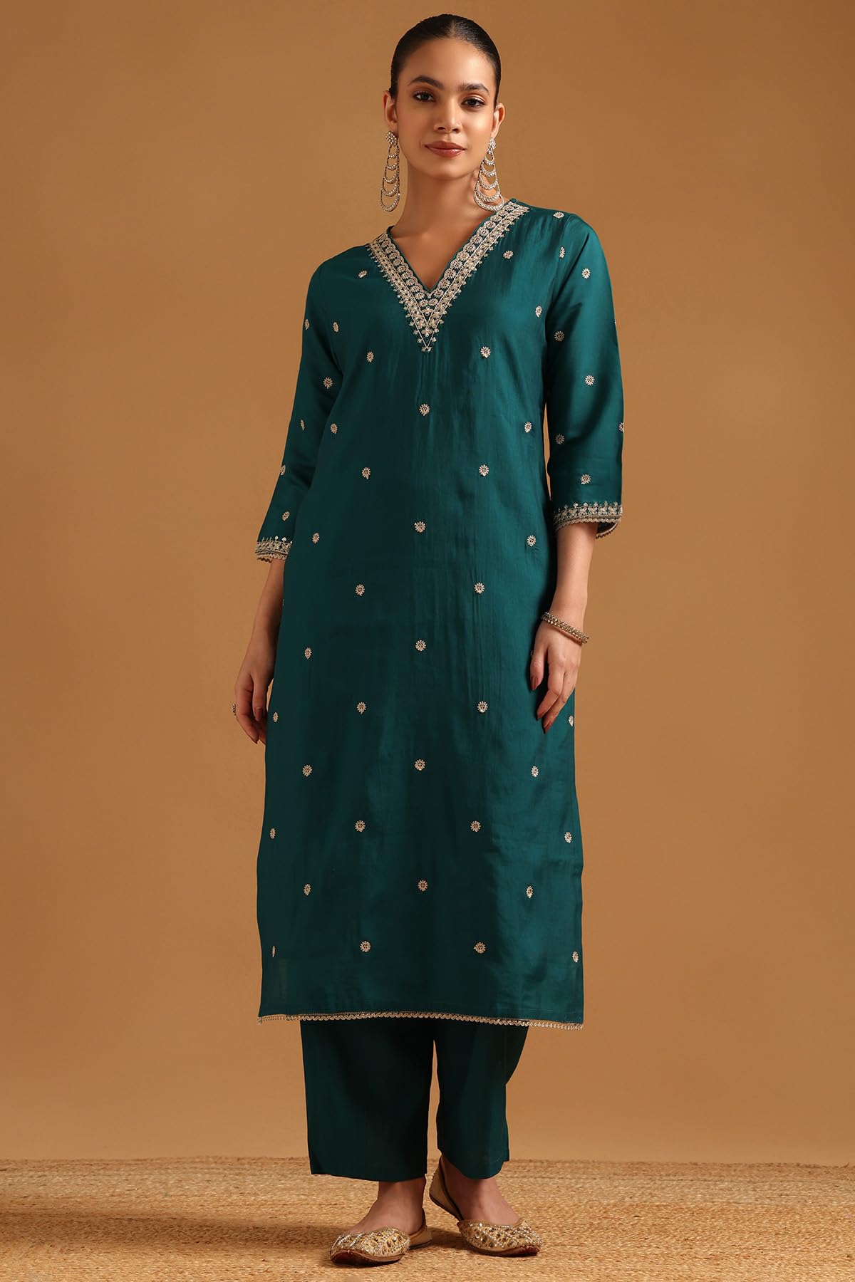 Soch Womens Green Russian Silk Floral Salwar Suit With Sequins