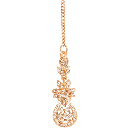 Touchstone Indian Bollywood Exemplary Floral Filigree Rhinestone Designer Jewelry Mangtika Head Accessory In Antique Gold Tone For Women.