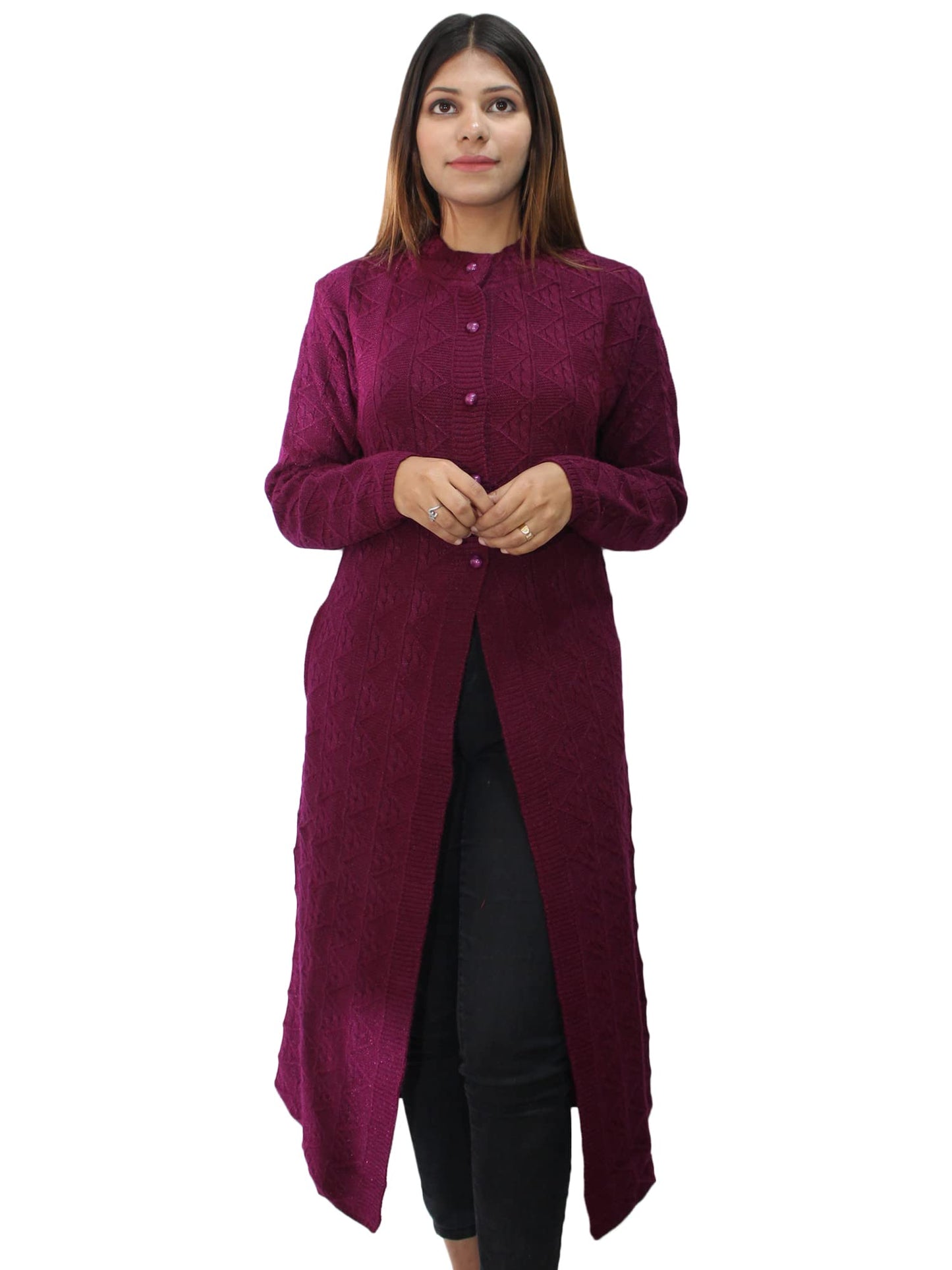 HAUTEMODA Wool Women Wollen Self Design Long Round Neck Coat/Sweater For Winters (Large, Purple)